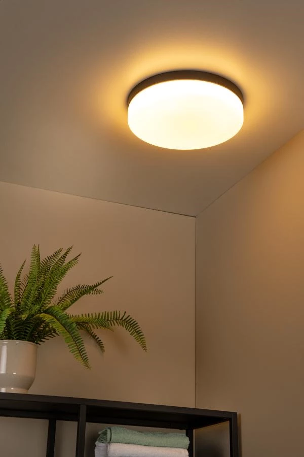 Lucide BISKIT - Flush ceiling light Bathroom - Ø 34,5 cm - LED - 1x24W 2700K - IP44 - Motion Sensor - Black - atmosphere 1